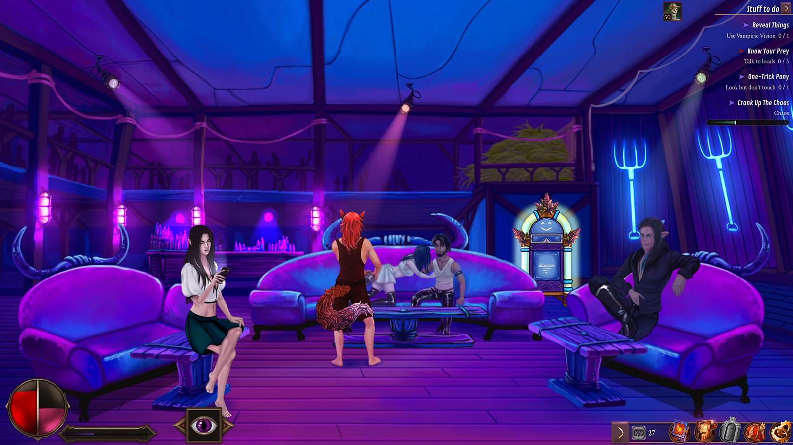 A country-side nightclub with a bunch of degenerates partying. Vleed surprised everybody by acting on his vampiric instincts.