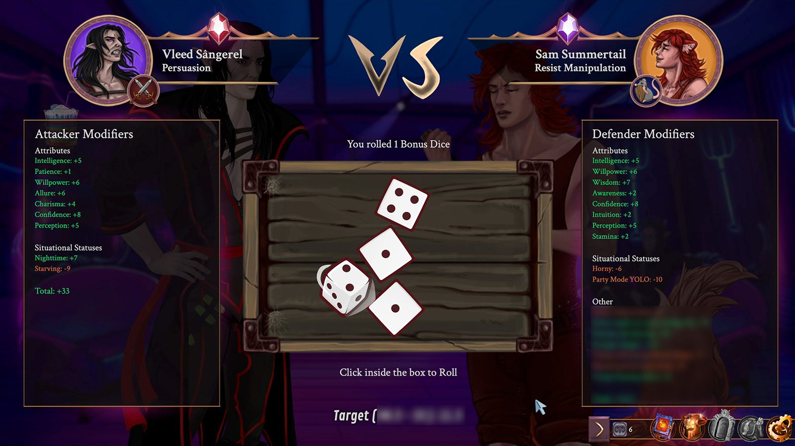 Dice Roll UI Vleed Persuasion vs Sam Summertail's Resist Manipulation