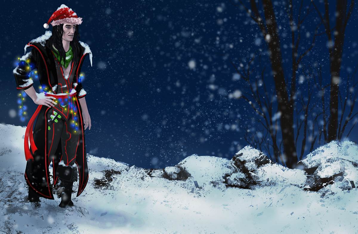 Vleed sitting in the snow covered in Xmas lights.